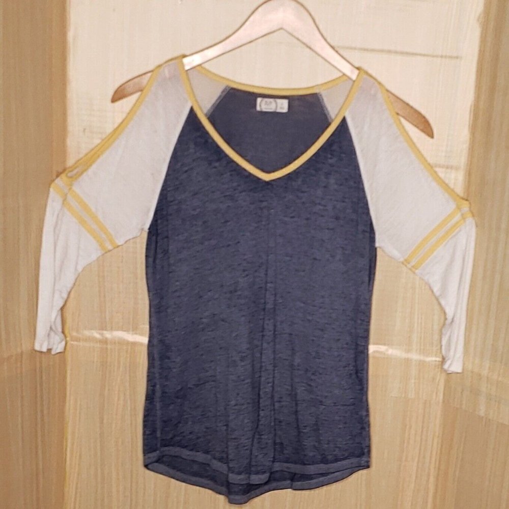 Maurices Womens Blue Yellow White Burnout Raglan Shirt Small